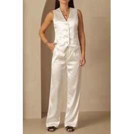 heipeiwa Women's Satin Silky Vest Button Down Sleeveless V Neck Tank Tops Waistcoat Jacket