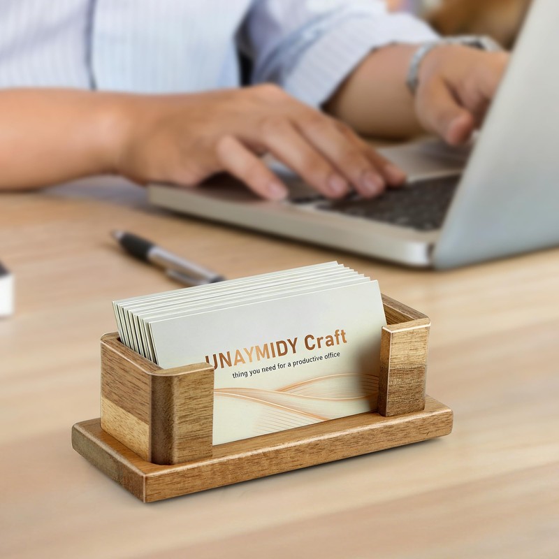 UNAYMIDY Business Card Holder for Desk, Acacia Wood Desktop Name