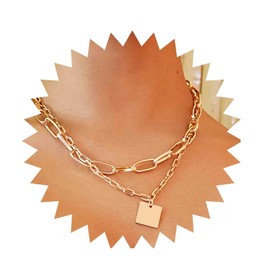 Allereya Geometric Square Layered Necklace Gold Square Pendant Necklace Choker Geometric Necklace Choker Chunky Paperclip Chain Necklace Jewelry for Women and Girls