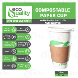 20 oz Compostable Paper Cups with White Flat Lids and Sleeves - Biodegradable Disposable White Paper Coffee Cups PLA Lined - Eco-friendly Hot and Cold Drinking Cups (25)