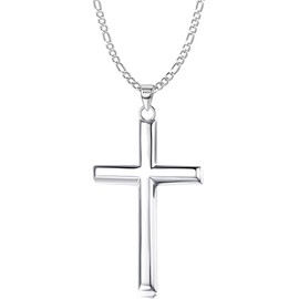 MILACOLATO Solid 925 Sterling Silver Cross Necklace for Men Women, 2mm Diamond-Cut Sterling Silver Figaro Link Chain with Cross Pendant Beveled Edge for Men, Women Mens Silver Crucifix Cross Necklace Jewelry 18 Inches