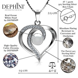 DEPHINI Elegant Pearl Necklace, 925 Sterling Silver Heart Necklace, Cubic Zirconia, Women's Jewellery, Gifts for Women, Crystal Pearl, Cubic Zirconia