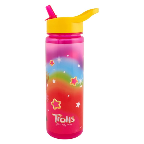 Trolls 3 Band Together Water Bottle Flip Up Straw 600ml – Official Merchandise by Polar Gear – Kids Reusable Non Spill - BPA Free - Recyclable Plastic - Ideal For School Nursery Sports Picnic