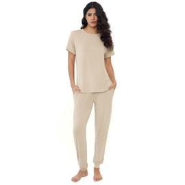 Joyaria Pajamas for Women Cooling Bamboo Pjs Moistrue Wicking Short Sleeve Loungewear Set Jogger Long Pant Lounge Sets(Cream, Large)