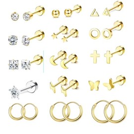 Diamday 15 Pairs Stud Earrings for Women Surgical Steel Hypoallergenic Earrings 14K Gold Plated Flat Back Earrings Set Gold