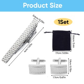 Cufflink and Tie Clip Set for Men – Stainless Steel Silver Cuff Links & Tie Bar – Formal Accessories for Business Shirts, Wedding, Anniversary – Gift Set for Men Daily or Formal Wear