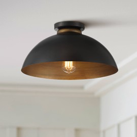 Possini Euro Design Janie Modern Industrial Semi Flush-Mount Fixture 15 1/2" Wide Black Exterior Gold Interior Dome Shade for Bedroom Kitchen Living Room Hallway Bathroom House Home