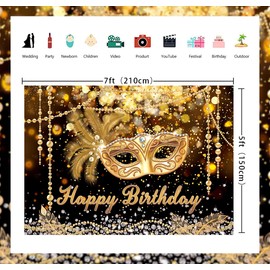 Masquerade Happy Birthday Backdrop Crystal Feather Mask Mardi Gras Photography Banner Glitter Black Gold Mask Carnival Dress-up Evening Birthday Party Decorations Background (7X5FT (210x150cm))