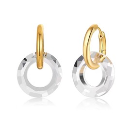 Hpoewre 18K Gold Plated Hoop Earrings with Circle Crystal Dangle, Transparent Artificial Crystal Hoops, Cubic Zirconia Huggie Earrings for Women