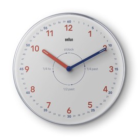 Braun Analogue Time Teacher Wall Clock with Silent Quartz Movement, Easy to Read Dial, 23cm Diameter in White, Model BC26TW.