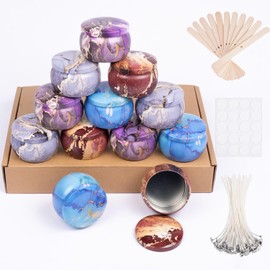 Hiztghc Aromatherapy Candle Making Kit – 12-Pack 4.5 oz Marble Metal Tins with Lids, Including Wooden Wick Holder Sticks, Wick Stickers & 100% Cotton Wicks Beginner-Friendly