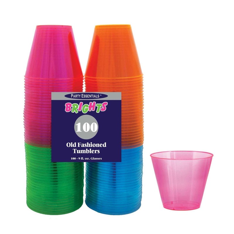 Party Essentials N910090 Brights Plastic Party Cups/Tumblers, 9-Ounce Capacity, Assorted
