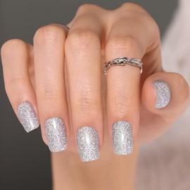 Noerrors Silber glitzernde falsche Nägel 30 Stück kurze quadratische glitzernde Nägel zum Aufkleben mit Klebstoff, Diamantstaub, glänzenden Acryl-Fake-Nägeln, Mehrfarben-Kunstmaniküre