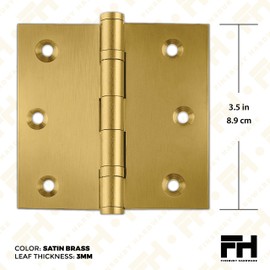 Finsbury Hardware Heavy Duty Door Hinge Matte Brass Ball Bearing 3.5 x 3.5 Inch Heavy Duty with Decorative Screw-on Tips Included - Set of 3 Solid Brass Hinges (Satin Brass)