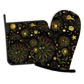 Gold Sun Star Moon Oven Mitts and Pot Holders Kitchen Cooking Gloves 2 Pcs Set Heat Resistant Pad for Baking BBQ Home Decor