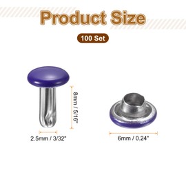 sourcing map 100 Sets Double Cap Leather Rivets, 6x8mm Round Cap Tubular Metal Studs Leather Crafting Rivets for Fabric Belt Pet Collar Boot Bag Repair and Decoration, Purple