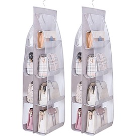 Handbag Hanging Organizer, 2 Pack Hanging Purse Organizer,Thickened Oxford Cloth+PVC Handbag Storage Hanger Organizer with Clear Pockets,Washable Wardrobe Closet Space Saving Organizers (8 Grid, Gray)
