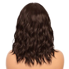 PORSMEER Short Wavy Curly Synthetic Hair Bob Wigs for Women Realistic Natural Wigs With Wig Cap for Girls Cosplay Costume Party Daily Use(14 inch,Dark brown)