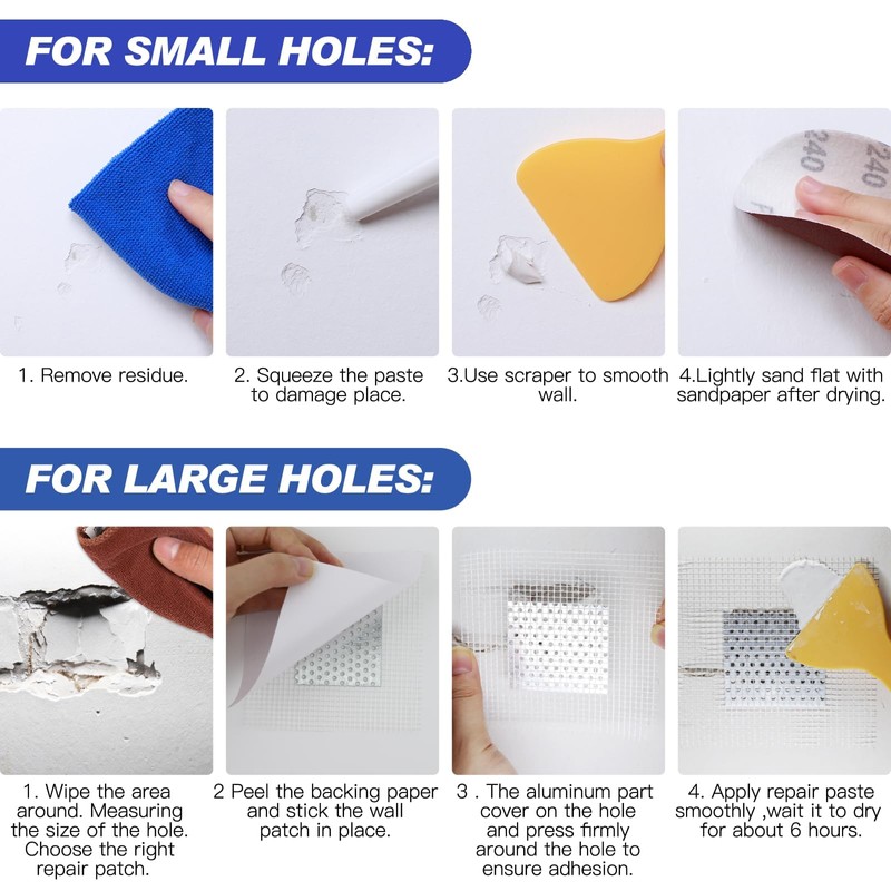 SEISSO Drywall Repair Kit, Wall Mending Agent*3(100g), Wall Patch*4, Scraper