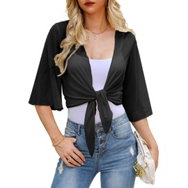 Wayleb Bolero Women's Jacket 3/4 Sleeve Chiffon Cardigan Summer Short Cardigan Elegant Jaeckchen Festive Lightweight Bolero Jacket Top S-XXL, black