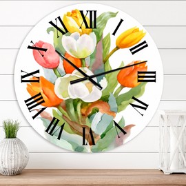 Designart 'Blooming White and Orange Tulips Flower' Traditional wall clock - 23 in. high, 23 In. Wide