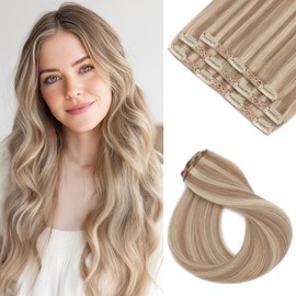 SEGO Clip in Hair Extensions Real Human Hair Seamless Hair Extensions Soft Silky Straight for Women Clip in 3PCS 11 Clips 16 Inch 12P613 Light Blonde Mixed Bleach Blonde 73g