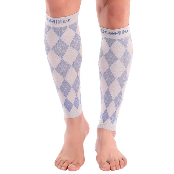 Doc Miller Calf Compression Sleeve Men & Women - 20-30mmHg Calf Sleeve - Relief from Shin Splint Leg Pain Calf Muscle Injuries - Support for Running and Everyday Use - 1 Pair - Grey and Blue - Small