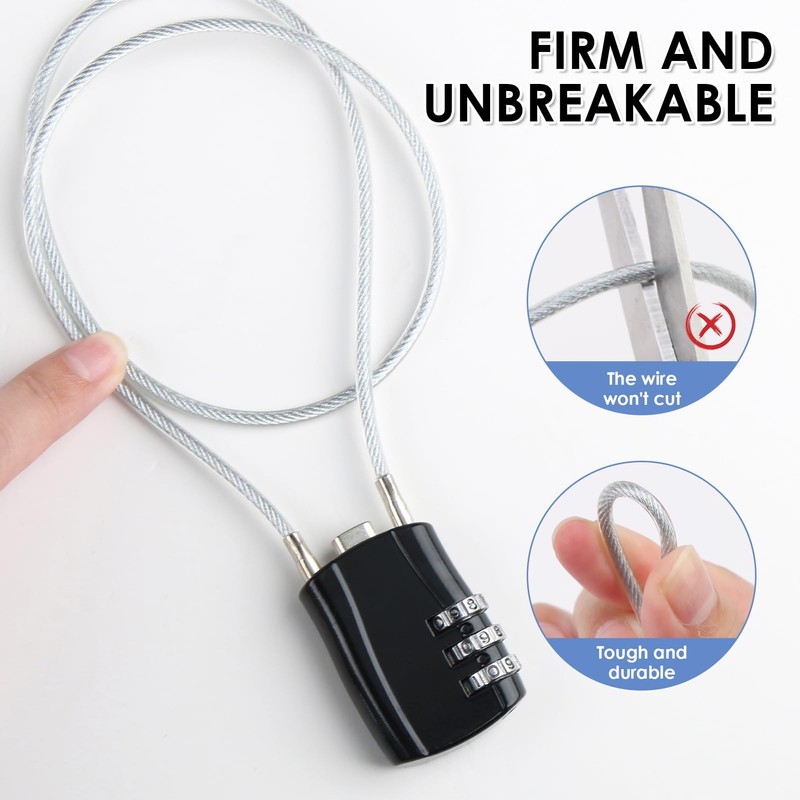 3 Digit Combination Padlock with 20inch (50cm) Steel Cable, Mini