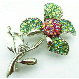 Unbranded Whimsical Green Daffodil Flower RHINESTONE Silver Ornament Christmas Gift Brooch