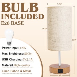 Bedside Table Lamp for Bedroom - 4 Way Dimmable Touch Lamp with USB and Type-C Charge Port, Small Wood Base Round Flaxen Fabric Shade Lamp Living Room,Bedroom Use(Yellow Color Base)