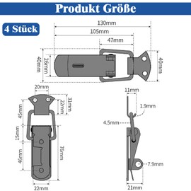 Tension Lock with Locking Hole, Pack of 4, 105 mm, Lockable Tension Latch, Stainless Steel, Box Lock with Screws, Pack of 16, Snap Lock Suitable for Toolbox, Drawer, Chest Box