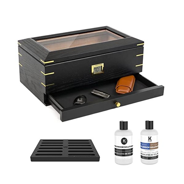 The Royal Glass Top Humidor, Luxurious Design, Cigar Storage for 60-90 Cigars, Black Ash Wood, Digital Hygrometer, Spanish Cedar, Humidor Solution, Hydro System, and Accessory Drawer