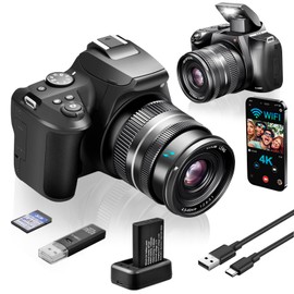 4K Digital Camera for Photography with WiFi, 10X Optical Zoom Vlogging Camera for YouTube 64MP Autofocus Compact Camera with 64GB SD Card, Battery, USB Card Reader & Charging Stand