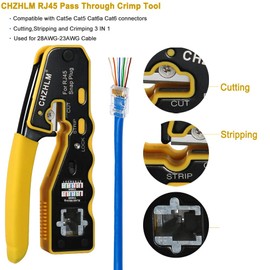 CHZHLM RJ45 Crimping Tool Kit Pass Through Crimper Stripper Cutter All-in-One for Crimping Cat5e Cat6 Cat6a Pass Through Connector with 50Pcs Connectors 50Pcs Covers Mini Stripper Plier