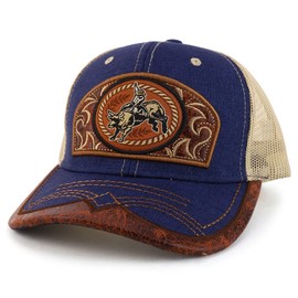 Trendy Apparel Shop Rodeo Leather Patch Trucker Snapback Ball Cap, Azul marino caqui, Large