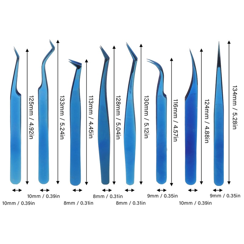 8pcs Eyelash Tweezers Stainless Steel Fine Tip Ergonomic Blue Titanium