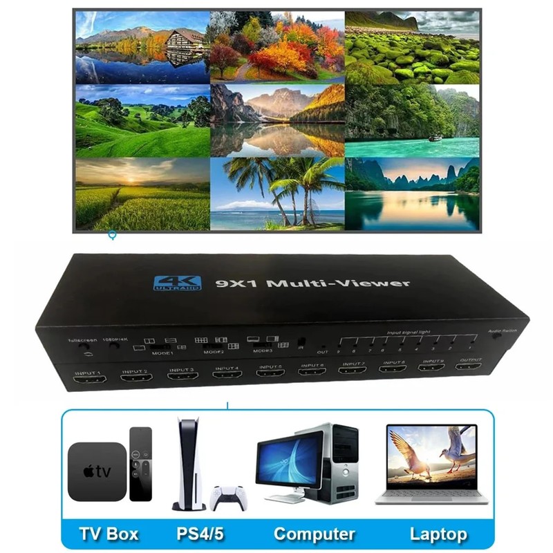 9x1 HDMI Multi-viewer switcher Seamless 4K HDMI 9 Screen Real