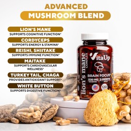 VitaUp Lions Mane Supplement Capsules - USA Made 10 in 1 Mushroom Supplement - Mushroom Complex with Lions Mane, Cordyceps, Turkey Tail, Reishi, Shiitake for Cognitive & Immune Support - 120 Count