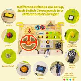 WOODENFUN Montessori Busy Board for Toddlers Baby Busy Board Car Steering Wheel Wooden Sensory Board Travel Toys for Fine Motor Skill Gift for 1 2 3+ Years Old Boys Girls Christmas Birthday Parents