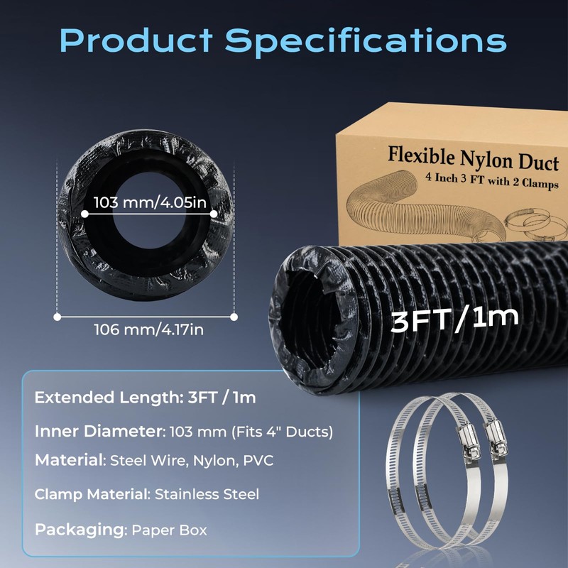 Semboh 4 Inch Flexible Exhaust Duct Hose 3FT with 2
