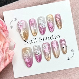 Medium Almond Press on Nails SWEKKE 3D Floral Fake Nails Pink False Nails with Cute Flower Rhinestones Designs Summer Glossy Glue on Nail Full Cover Stick on Nail for Women Girls 30Pcs