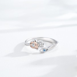 YueYuan Evil Eye Ring 925 Sterling Silver Hamsa Hand Open Ring Blue Cubic Zirconia Hamsa Lotus Ring Spiritual Jewellery Gift for Women Wife Sweetheart, Sterling Silver, Cubic Zirconia
