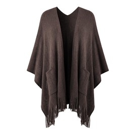 Ferand Women's Shawl Wraps with Pockets Open Front Fringe Poncho Cozy Knit Lightweight Cardigan Sweater, Brown