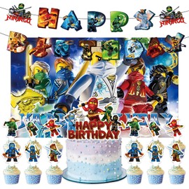 27pcs Ninja Party Decoration Pack Includes，Banner，Cake Topper，Blackdrop for Ninja party supplies