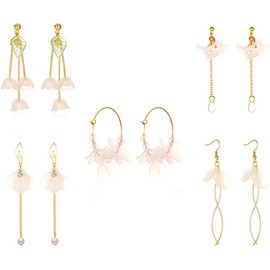 FDEETY Earrings for Women Flower Dangle Earrings Resin Floral Drop Statement Earrings Long Pearl Tassel Dangle Earrings Bride Wedding Earrings Jewelry (5 Pcs)