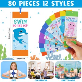 Jetec 80 Pcs Under The Sea Bookmark Inspirational Ocean Animals Fish Turtle Bookmark with Ribbon Motivational Sea Life Page Clips for Summer Classroom Back to School Gifts