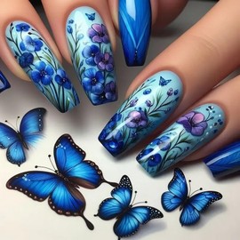 Press on Nails Medium Coffin SWEKKE Blue Fake Nails False Nails with Butterfly Floral Designs Full Cover Glossy Glue on Nails Summer Spring Acrylic Nails for Women Girls 24 Pcs
