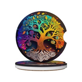 Car Coaster for Cup Holders,Life Tree Coaster 2PCS Absorbent Ceramic Coaster for Drinks, Cute Car Assecories for Women Men, Universal Size 2.56" with Finger Notch & Cork Base for Easy Removal