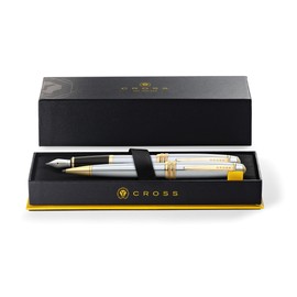Cross AT0457-6MS Bailey Ballpoint Pen and Fountain Pen Gift Set (23 Carat Galvanised Gold Coating, Ink Colour Black, Indelible) Medalist