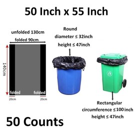 65 Gallon Trash Bags 1.8 Mil -50''x55'' Pack of 50 Thick Large Heavy Duty Multi-Use Garbage Bags Extra Large Strong Trash Can Liners for Office, Picnic,Kitchen, Bulk Bags (65 Gallon 50 Count)